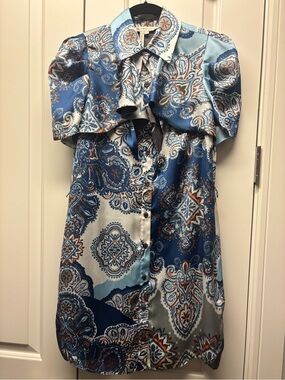 BCBGeneration Blue Paisley Ruffle-Front Satin Dress